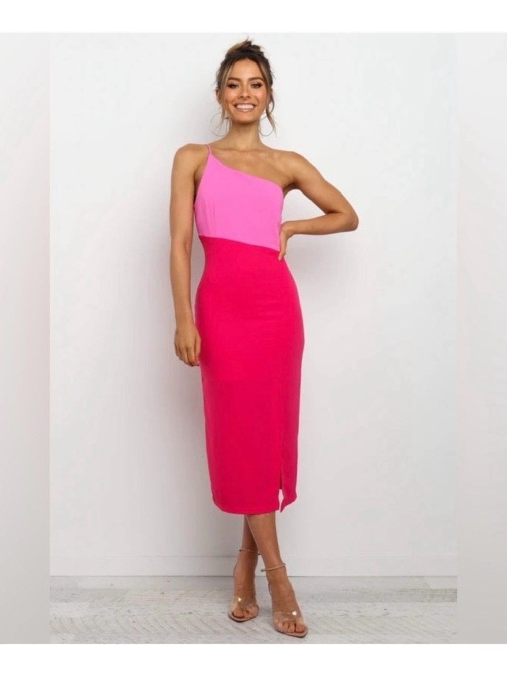 Petal & Pup Two-Tone Hot Pink One-Shoulder Midi Dress